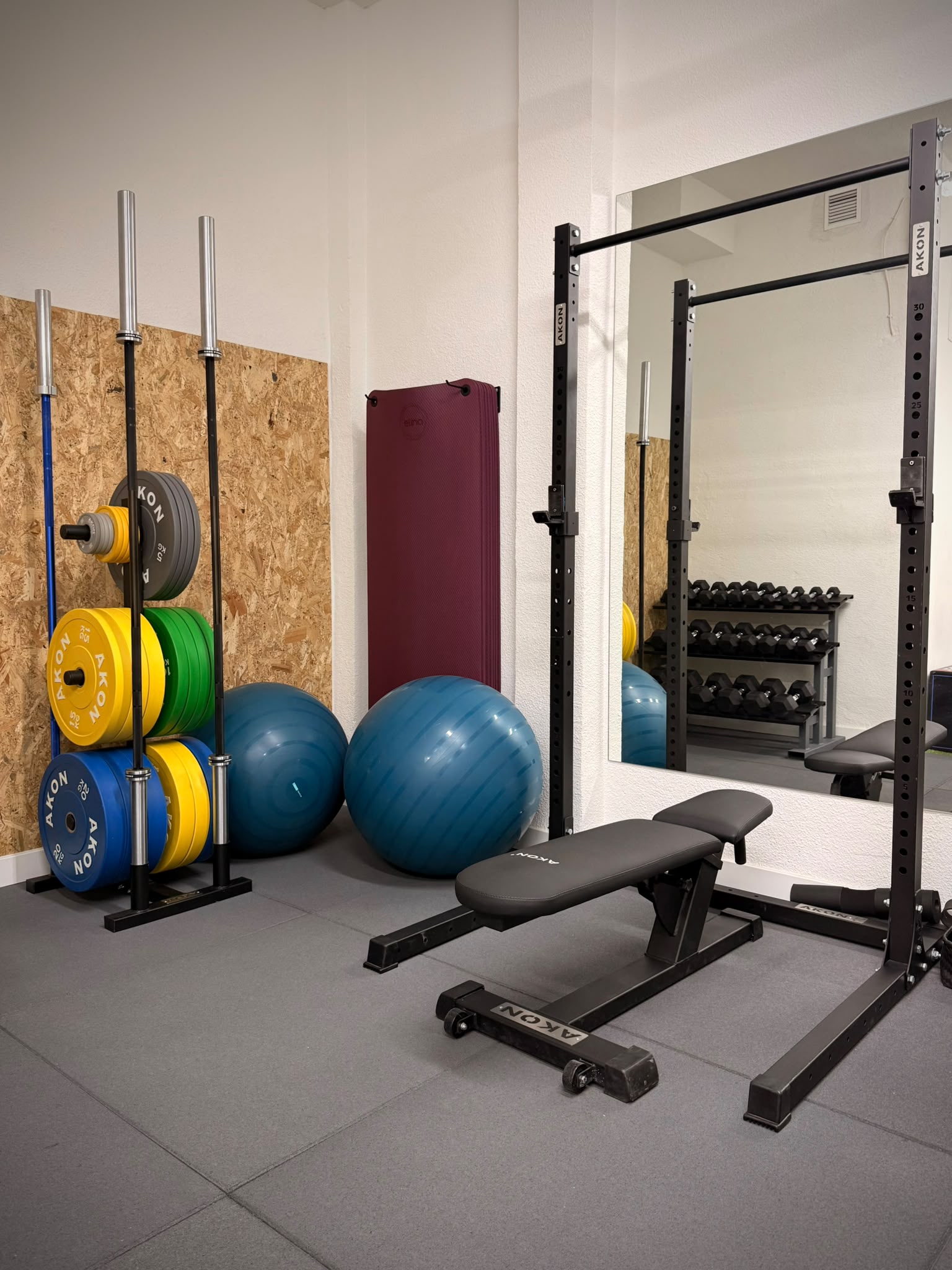 Zona de fuerza con banco, rack y material ordenado.